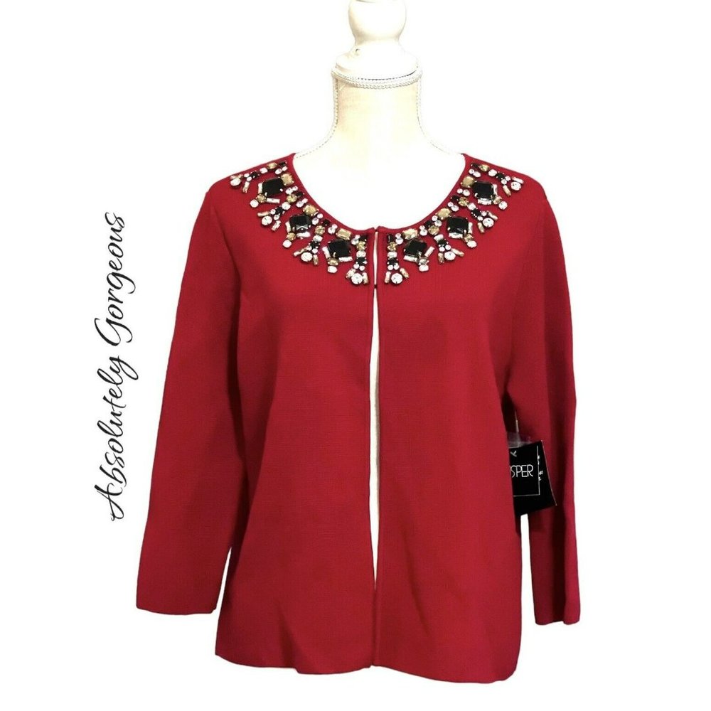 NWT Kasper Red  Jewel Embellished large Stretchable cardigan/Shrug/Jacket/Sweate